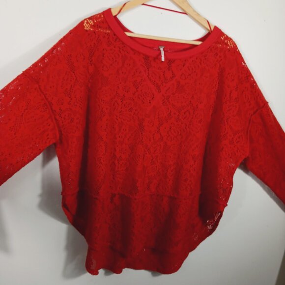 Free People, Red Long Sleeve Top, Open Knit, Oversized, Size MED, Lt. Wt., Soft - Picture 5 of 16